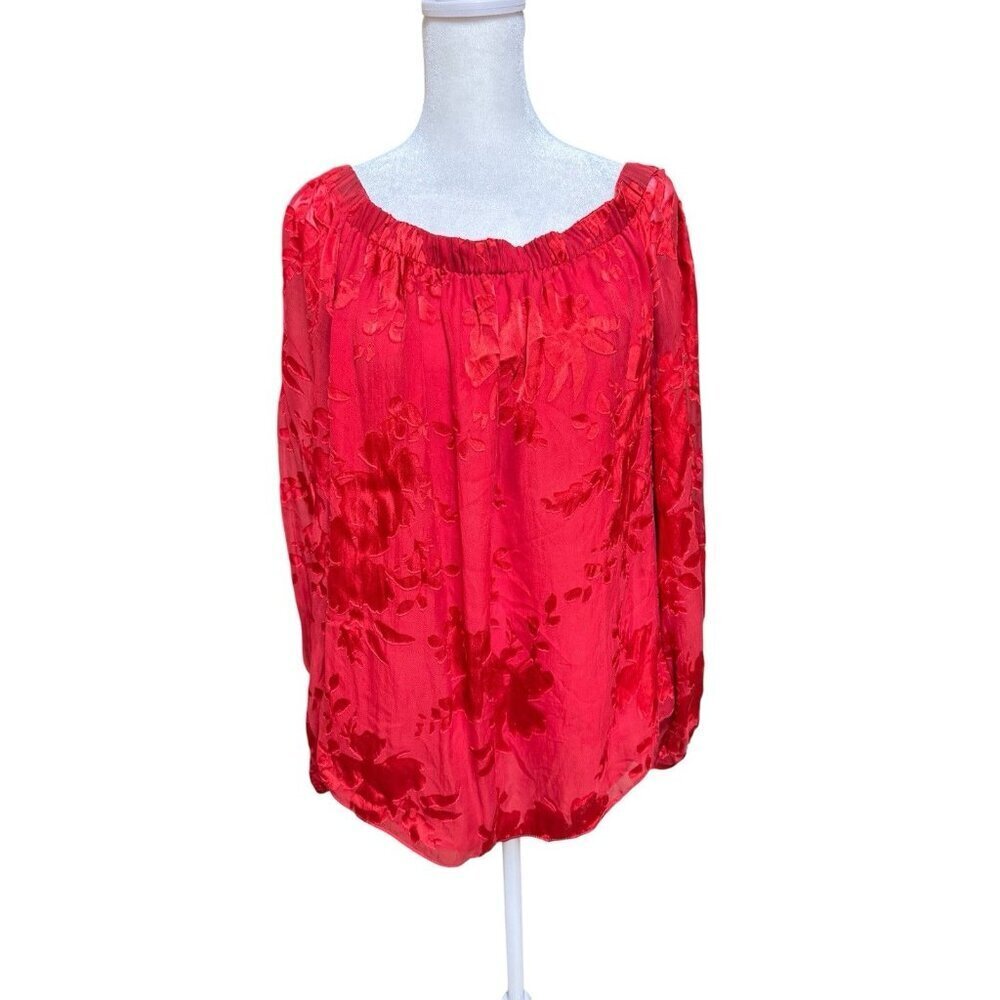 WHBM Red Velvet Burnout Floral Blouse Silk Blend Lined Romantic Top L